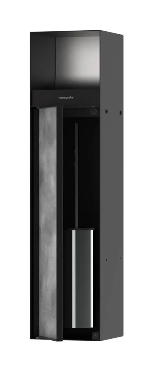 Toilettenbürstenhalter mit Papierhalter, in mattschwarz, aus der Hansgrohe XtraStoris-Serie. Befliesbare Tür rechts, vertikale Anordnung, modernes Design.